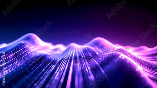 Digital neon wave of purple and blue light particles creates a futuristic, flowing landscape pattern against a dark background.