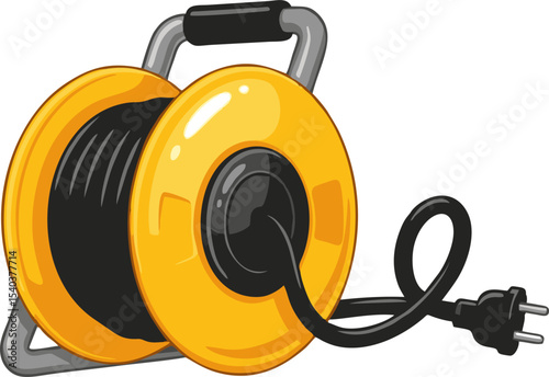 Bright Yellow Extension Cord Reel with Black Cable and Plug, Ready to Use.