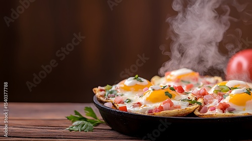 A close-up shot showcases sizzling huevos rancheros in a cast iron skillet on a rustic wooden table with steam rising creating a delicious and appetizing image perfect for culinary
