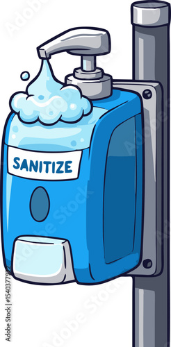 Cartoon blue sanitizer dispenser with foam, mounted on a gray pole