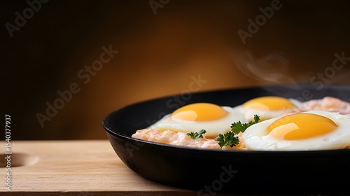 A close-up shot reveals a sizzling Tex-Mex breakfast skillet brimming with perfectly cooked fried eggs led on a bed of creamy, vibrant salsa, a delicious and hearty morning