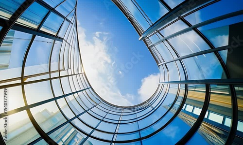 Circular Glass Building with Open Sky Architecture in Worm's Eye View with Blue Sky and Sunlight