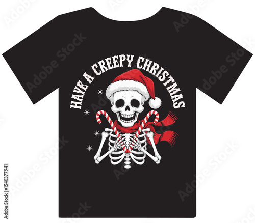 Edgy "Have a Creepy Christmas" Skull and Candy Cane T-Shirt Design
