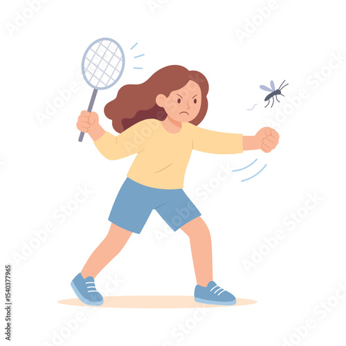 Angry girl trying to hit a mosquito with a fly swatter. Vector illustration of mosquito protection, and summer bug problems in a humorous and relatable way.
