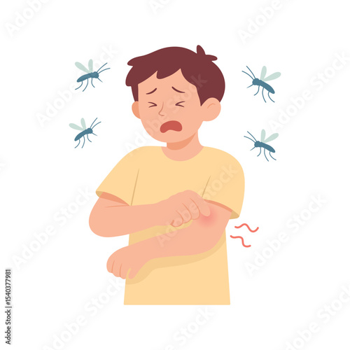 Sad boy scratching mosquito bite on arm. Cartoon child with red itchy skin surrounded by flying insects. Concept of insect allergy, summer pests, mosquito attack, discomfort and itching.