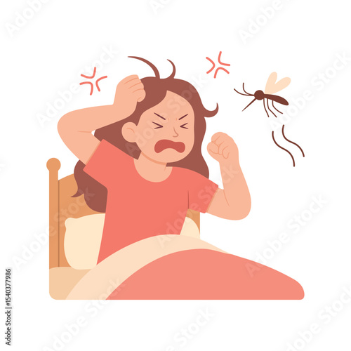 Angry girl in bed, annoyed by mosquito at night. Cartoon vector illustration. Concept of insect disturbance, mosquito buzzing, summer bedroom problem.