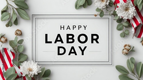 Labor Day Text Framed with Flowers and Striped Cloth
