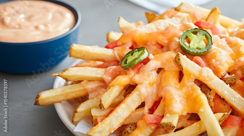 A plate of loaded french fries generously topped with melted cheese, diced jalape?os, and a side of creamy sauce provides a vibrant and delicious meal.