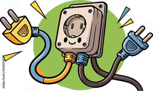 Cartoon electrical outlet with a smiling face and two plugs with lightning bolts
