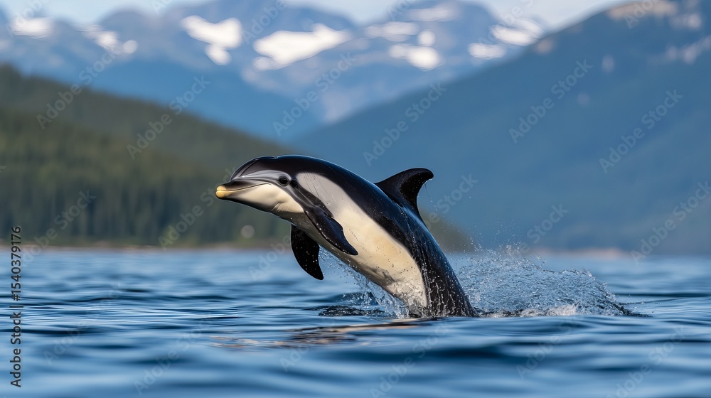 Obraz premium Dolphin breaches ocean surface with mountain backdrop exhibiting black, white, and yellow coloration.