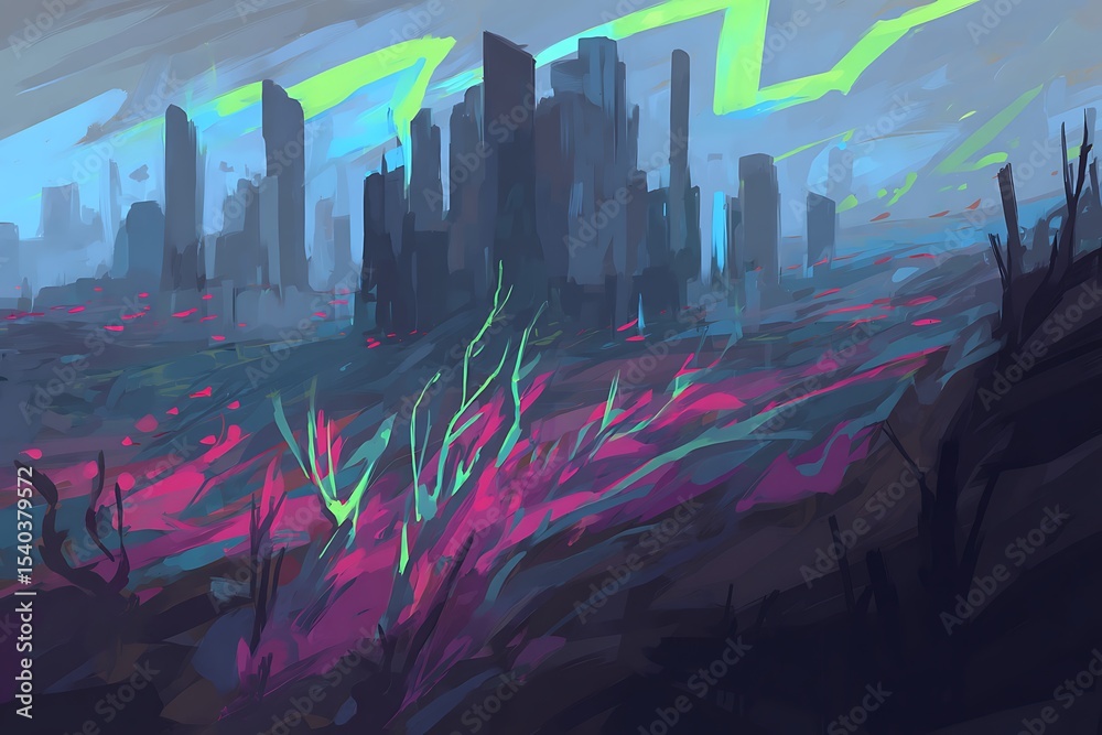 Fototapeta premium Cyberpunk cityscape with fluorescent flora landscape