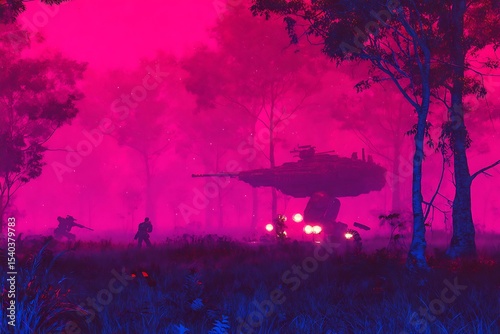 Futuristic battle in pink lit forest