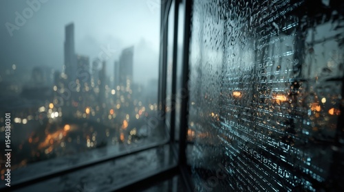 Predictive AI for Commerce Raindrops streak across a window overlooking a blurred cityscape on a gloomy day. Automated Decision Making AI