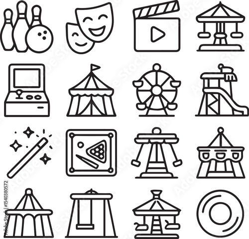 Entertainment Vector Icon Set  Adjustable Line Weight  Bowling, theater, cinema, carousel, arcade, circus, amusement park, playground, magic, pool, rides, leisure, fun icons