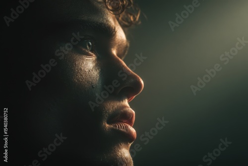 Predictive AI for Commerce Introspective young man gazes thoughtfully into the distance with a serious expression. Automated Decision Making AI