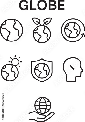 Globe line icon set. Planet Earth, green planet, ecology, global warming, Earth protection and more. Outline vector icon in linear style. Series of pictograms.