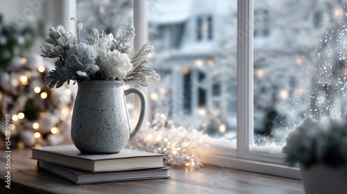 Predictive AI for Commerce Winter floral arrangement sits on books near snow covered window with blurry lights. Automated Decision Making AI