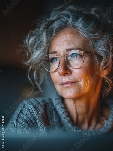 Predictive AI for Commerce A mature woman with gray curly hair wea glasses gazes thoughtfully off into distance. Automated Decision Making AI