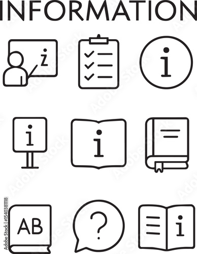Information and info line icon set. Instruction, rule, guide, info center,manual, reference book, dictionary, help and more. Outline icon in linear style. Vector collection