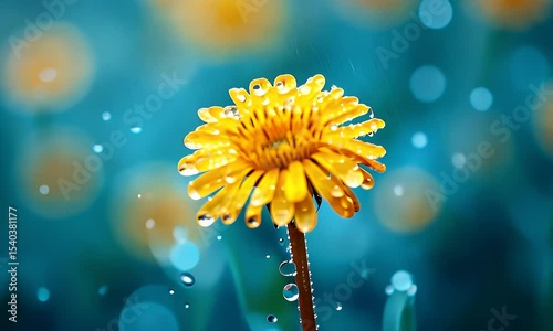 Close Up of Bright Yellow Dandelion with Water Droplets on Teal Background