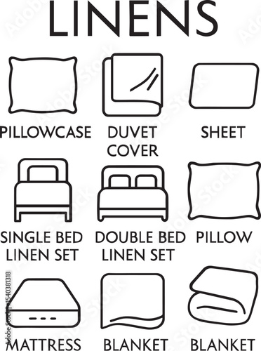 Linens line icon set. Pillowcase, duvet cover, sheet, single and double bed linen set, pillow, mattress, blanket and more. Outline icon in linear style. Vector collection