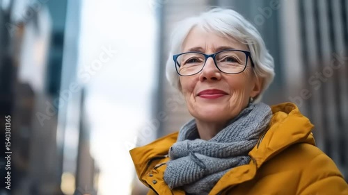 Senior woman city street portrait.