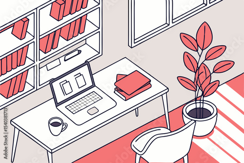 Flat vector illustration of modern home office workspace with laptop desk