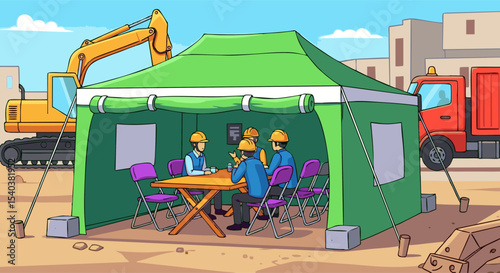 Construction Crew Meeting Under Tent with Excavator and Truck in Background