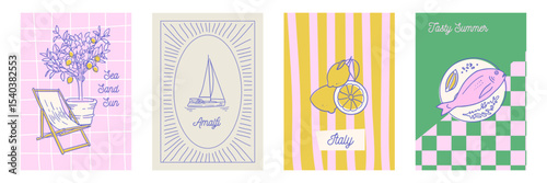 Hand draw la dolce vita cards set. Mediterranean food, lemon, yacht, sun lounger. Minimalist line art for invitations, stationery, printables, social media. Vector hand drawn illustration