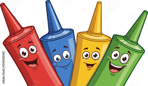 Four Colorful Cartoon Condiment Bottles with Happy Faces