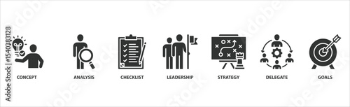 Planning banner web icon vector illustration concept with icon of concept, analysis, checklist, leadership, strategy, delegate and goals.