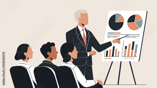 Flat vector illustration of a business professional presenting charts to a team. Ideal for corporate, leadership, finance, and teamwork concepts.