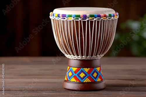 Traditional West African djembe drum featuring colorful ornamental patterns wrapping around drumhead and body, positioned on wooden surface with muted dark backdrop emphasizing intricate design.