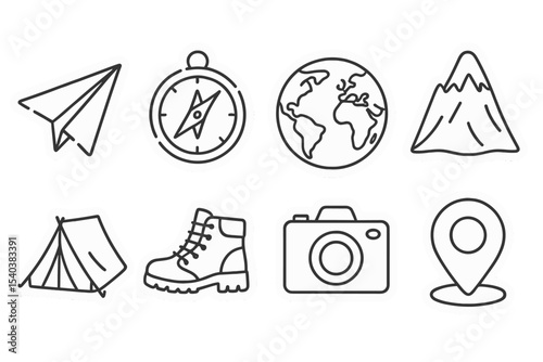 Travel Adventure Stickers. Line style icons of stickers: paper plane sticker, compass doodle sticker, world map sticker, mountain