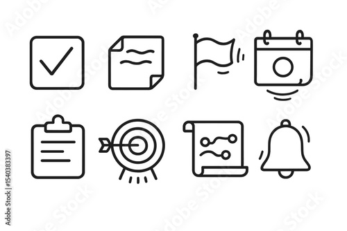 Animated Task Icons. Line style icons of animated tasks: checklist tick, note unfold, priority flag wave, calendar entry bounce,