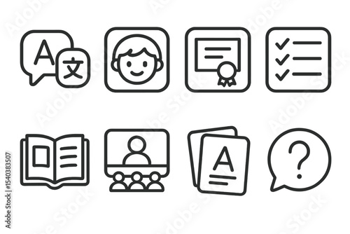 Educational App Icons. Line style icons of educational app logos: language app icon, kids learning icon, course app icon, test