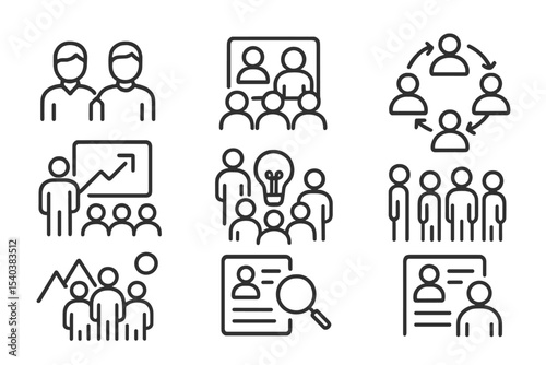 Team Building Icons. Line style icons of team building: cofounder duo, remote team, agile squad, daily standup, startup culture,