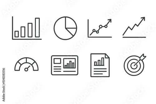 Business Analytics Icons. Line style icons of business analytics: bar chart, pie chart, growth curve, revenue graph, performance