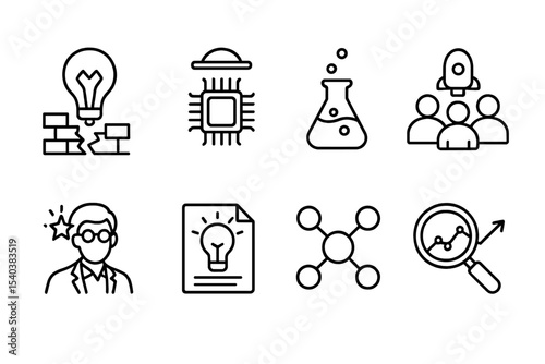 Startup Innovation Icons. Line style icons of startup innovation: disruptive idea, future tech, innovation lab, beta testers,