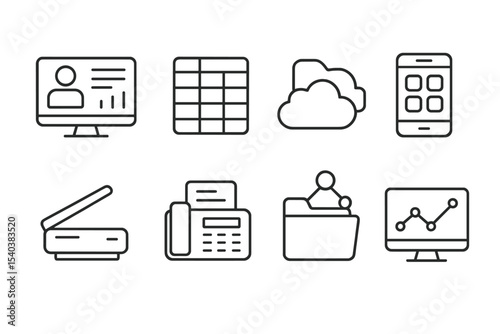 Business Tools Icons. Line style icons of business tools: CRM dashboard, spreadsheet, cloud folder, business app, scanner, fax