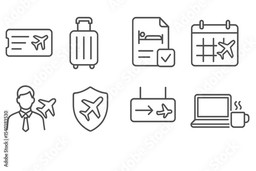 Business Travel Icons. Line style icons of business travel: airplane ticket, suitcase, hotel booking, travel calendar, business