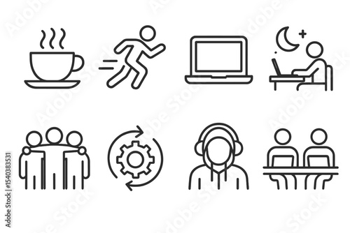 Startup Lifestyle Icons. Line style icons of startup lifestyle: coffee break, hustle mindset, laptop zone, late night coding, team