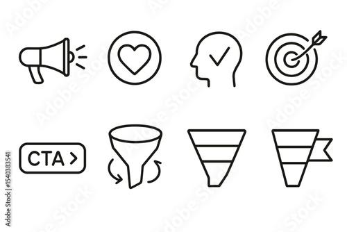 Marketing Funnel Icons. Line style icons of marketing funnel: awareness icon, interest stage, consideration step, decision icon,