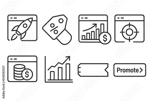 Post Promotion Icons. Line style icons of post promotion: boost icon, promo tag, paid reach, target selector, campaign budget,