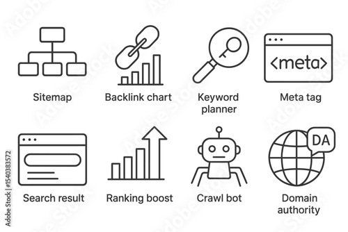 SEO Icons Set. Line style icons of SEO strategy: sitemap icon, backlink chart, keyword planner, meta tag, search result, ranking