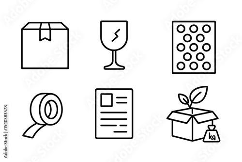 Packaging Icons Collection. Line style icons of packaging and handling: sealed package, fragile label, bubble wrap, box dimensions