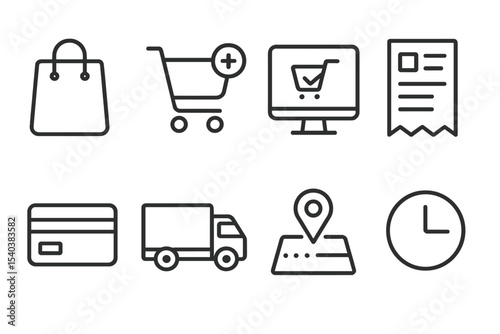 Online Shopping Icons. Line style icons of online shopping process: shopping bag, add to cart, checkout icon, order summary,
