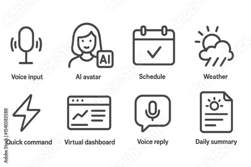 Digital Assistant Icons. Line style icons of digital assistants: voice input, AI avatar, schedule reminder, weather report, quick