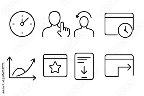 User Engagement Icons. Line style icons of user engagement: session length, interaction count, revisit rate, dwell time, bounce