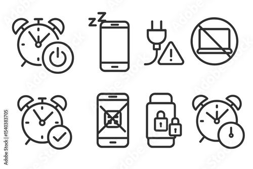 Device Off-Time Icons. Line style icons of device off-time: power down hour, phone sleep icon, unplug alert, zero tech zone,